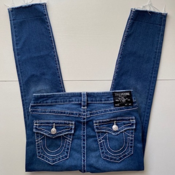 True Religion Jennie Curvy Big T Mid Rise Capri Flap Blue Jeans Size 30 - Picture 1 of 15